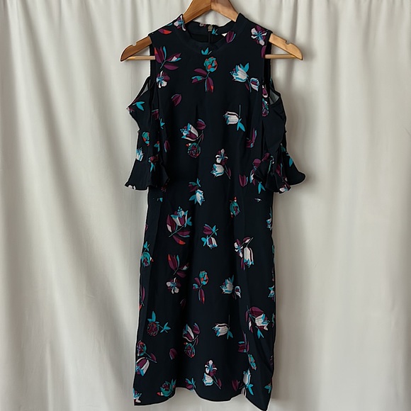 Rebecca Taylor Beautiful Cold Shoulder Navy Blue Floral Bellflower Dress *Sz 8* - Picture 2 of 5